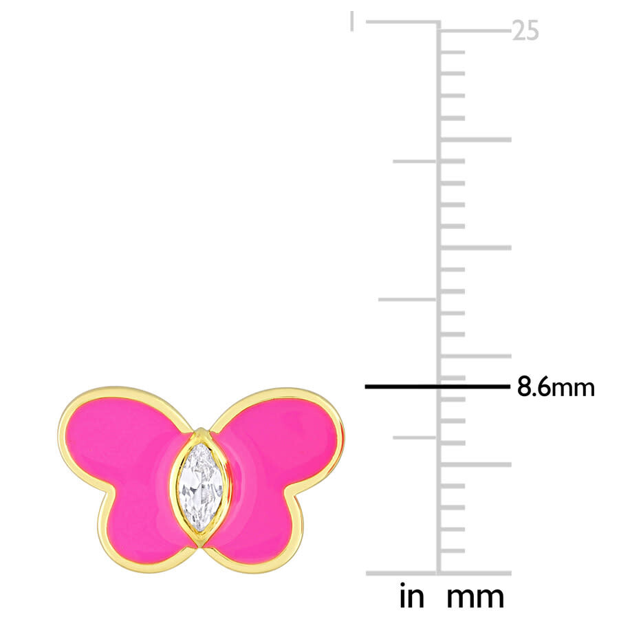 Shop Amour 1/4 Ct Tgw Created White Sapphire Butterfly Pink Enamel Stud Earrings In Yellow Plated Sterlin