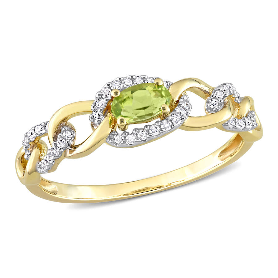 Amour 1/4 Ct Tgw Peridot And 1/8 Ct Tdw Diamond Mini Oval Link Ring In 10k Yellow Gold In Yellow