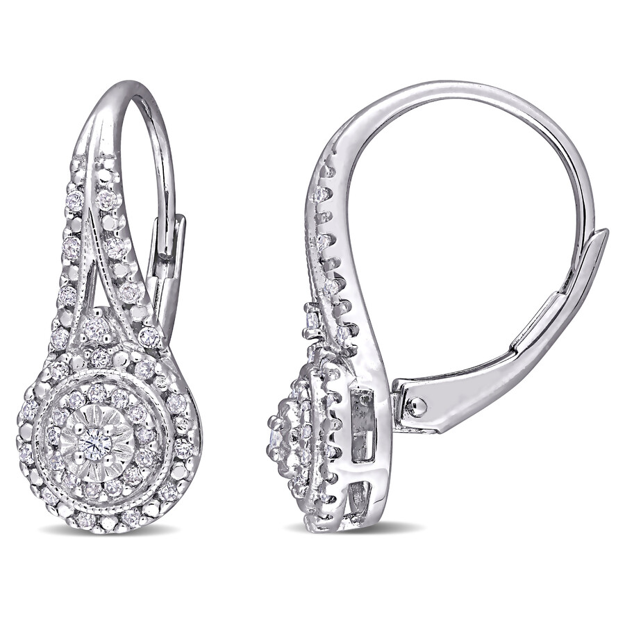 Amour 1/4 Ct Tw Diamond Halo Leverback Earrings In Sterling Silver In Silver / White