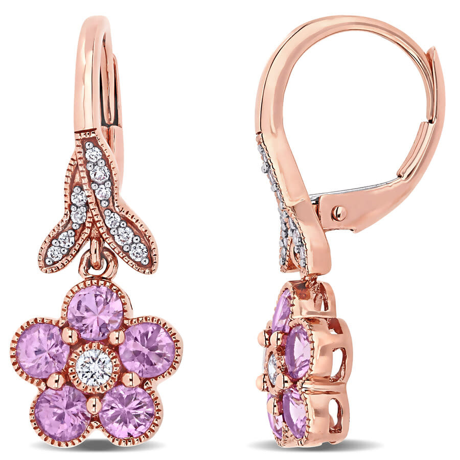 Amour Pink Sapphire And 1/7 Ct Tw Diamond Flower Leverback Earrings In 14k Rose Gold In Pink