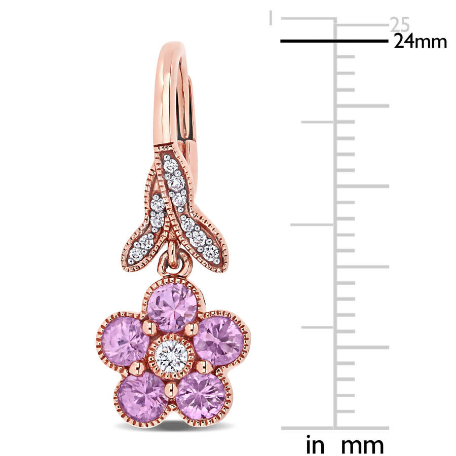 Amour Pink Sapphire And 1/7 Ct Tw Diamond Flower Leverback Earrings In 14k Rose Gold In Pink