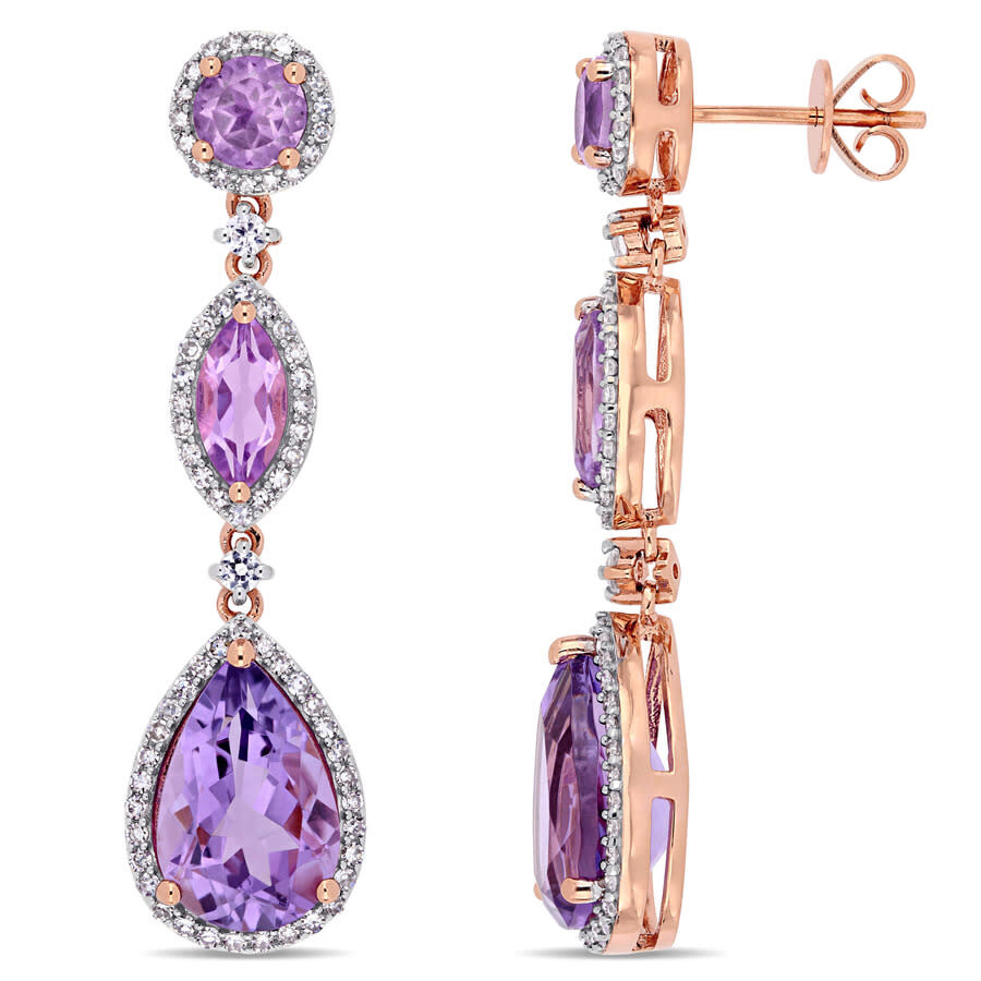 Amour 8 Ct Tgw Amethyst Rose De France White Sapphire And 5/8 Ct Tw Diamond Geometric Teardrop Dangl In Pink