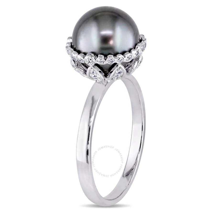 Amour 9.5 - 10 Mm Black Tahitian Pearl And 1/4 Ct Tw Diamond Cocktail Ring In 14k White Gold In Black / Gold / White
