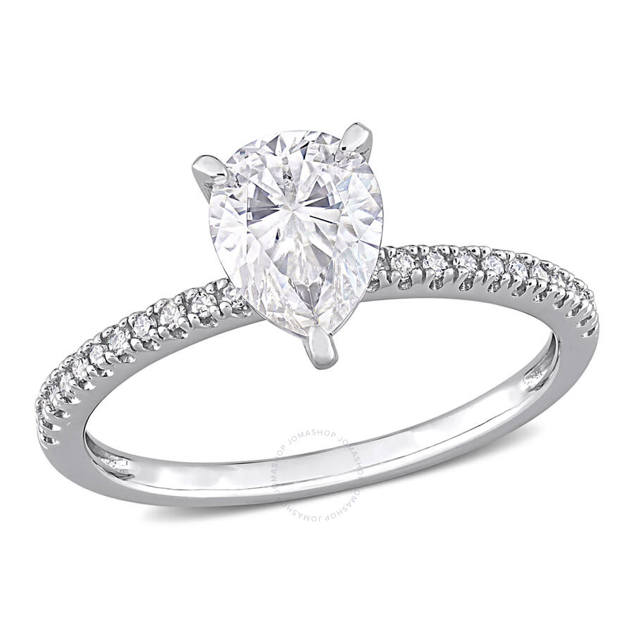 Shop Amour 1 1/4 Ct Dew Pear Shape Created Moissanite And 1/10 Ct Tw Diamond Engagement Ring In 14k White