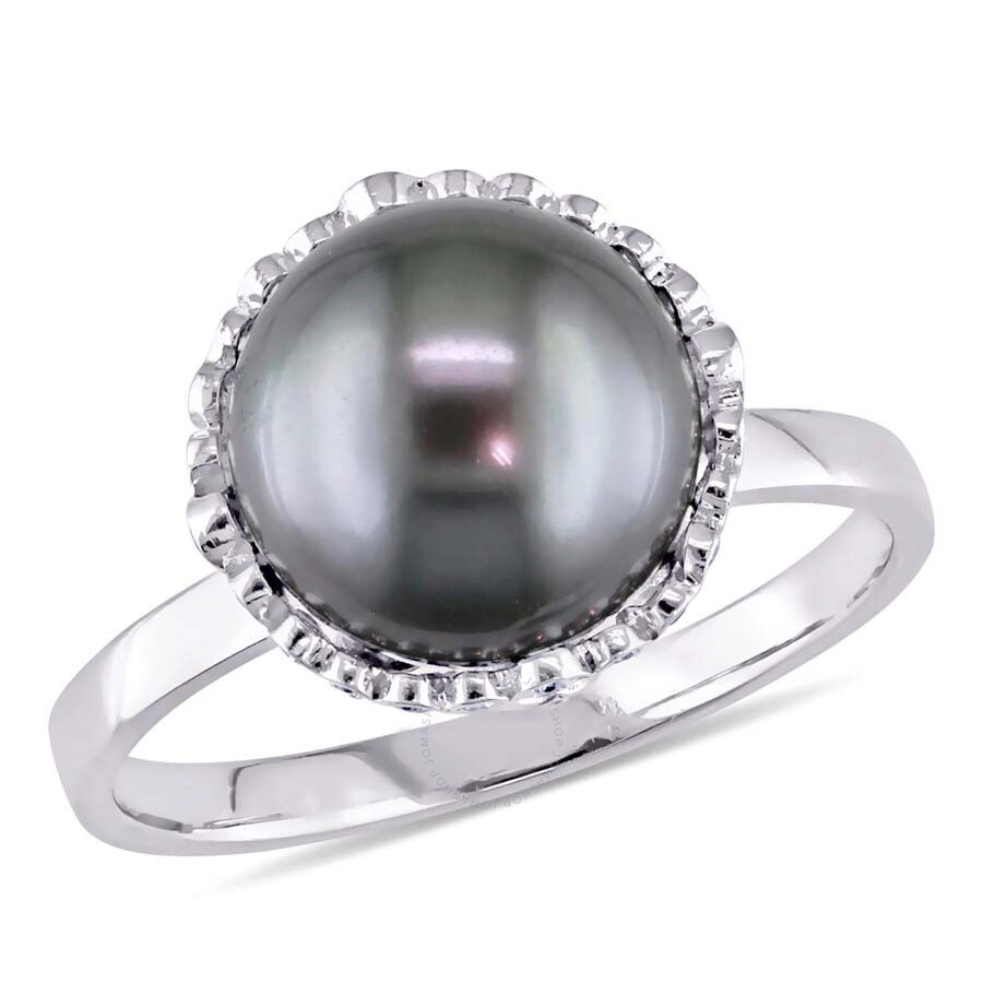 Shop Amour 9.5 - 10 Mm Black Tahitian Pearl And 1/4 Ct Tw Diamond Cocktail Ring In 14k White Gold In Black / Gold / White