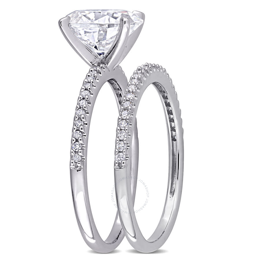 Amour 2 Ct Dew Oval Created Moissanite And 1/4 Ct Tw Diamond Bridal Ring Set In 14k White Gold In White