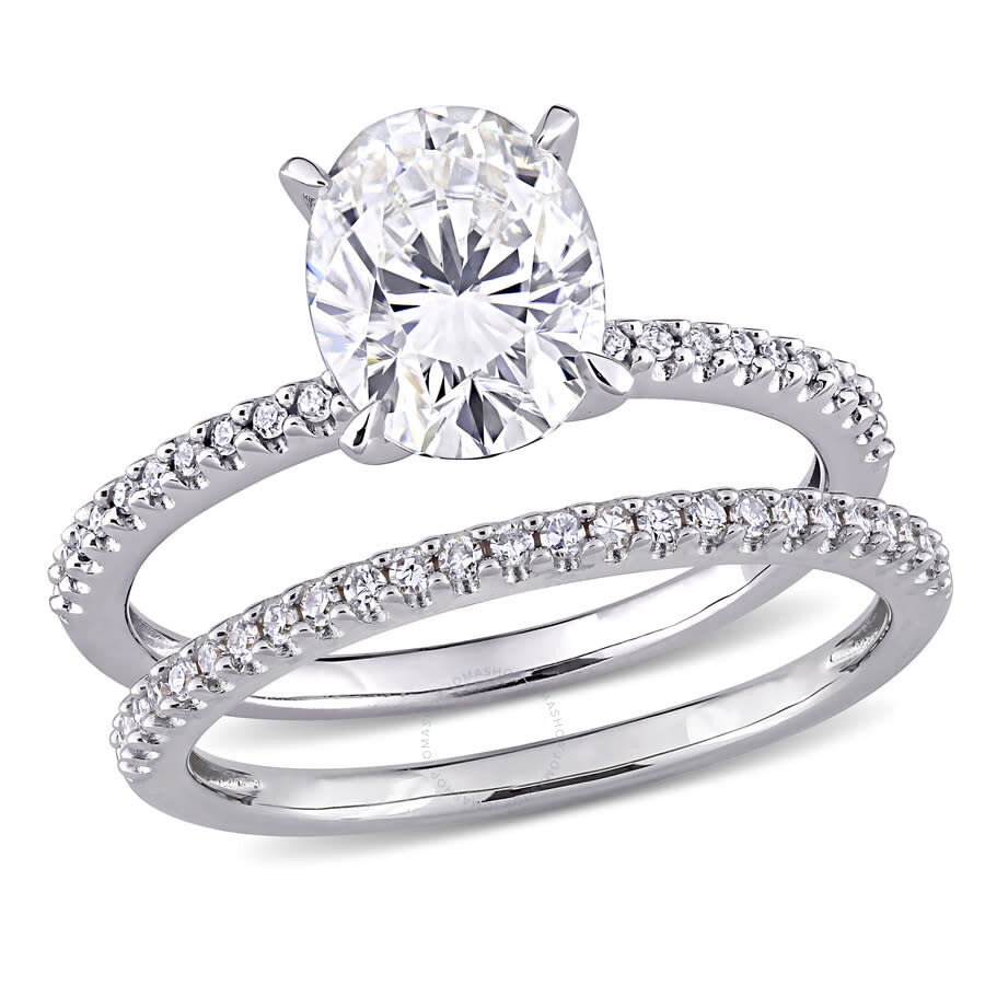 Amour 2 Ct Dew Oval Created Moissanite And 1/4 Ct Tw Diamond Bridal Ring Set In 14k White Gold In White