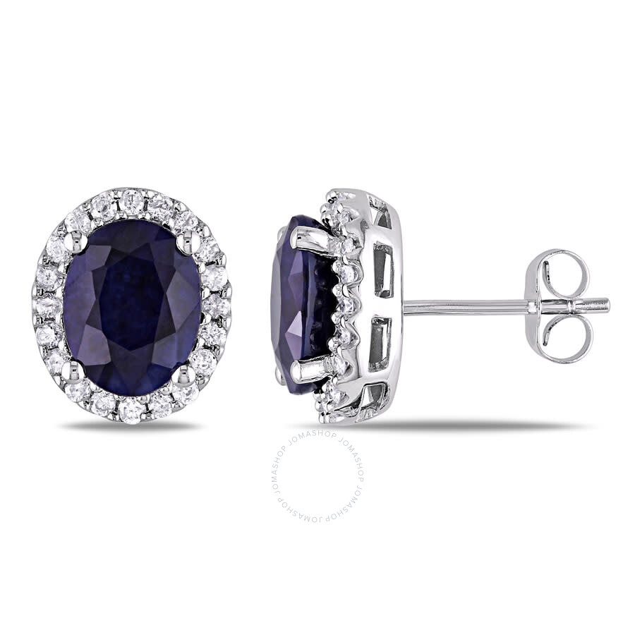 Shop Amour 5 1/3 Ct Tgw Oval Diffused Sapphire And 3/8 Ct Tw Diamond Halo Earrings In 14k White Gold