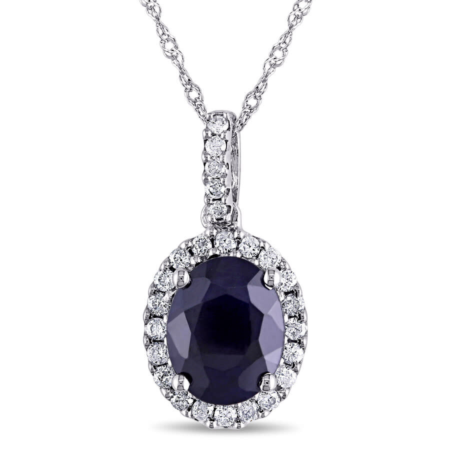 Amour Oval Diffused Sapphire And 1/4 Ct Tw Diamond Halo Pendant With Chain In 14k White Gold In White