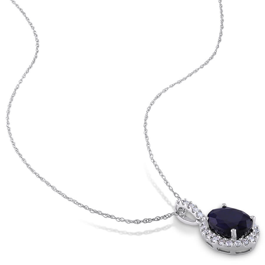Amour Oval Diffused Sapphire And 1/4 Ct Tw Diamond Halo Pendant With Chain In 14k White Gold In White