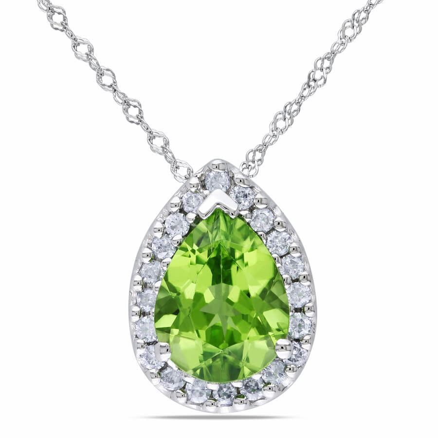 Amour Pear Shaped Peridot And 1/5 Ct Tw Diamond Halo Pendant With Chain In 14k White Gold In White