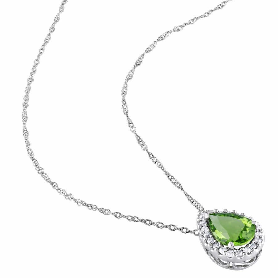 Amour Pear Shaped Peridot And 1/5 Ct Tw Diamond Halo Pendant With Chain In 14k White Gold In White