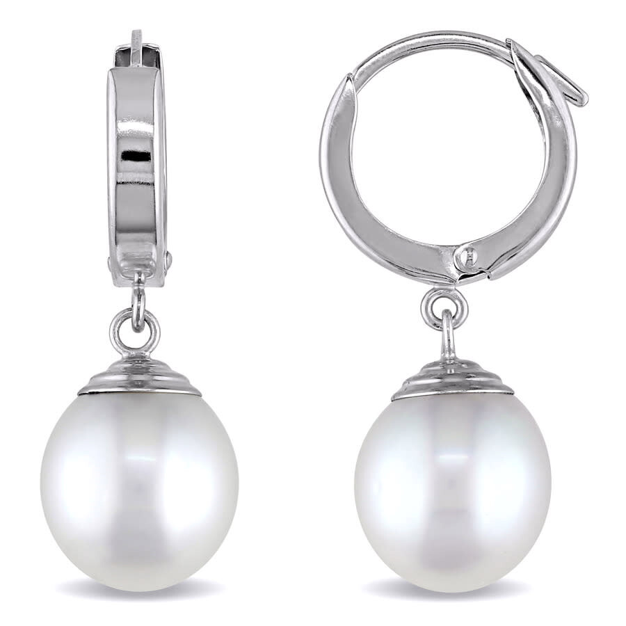 Amour 9 - 10 Mm South Sea Cultured Pearl Hinged Hoop Drop Earrings In 14k White Gold In White