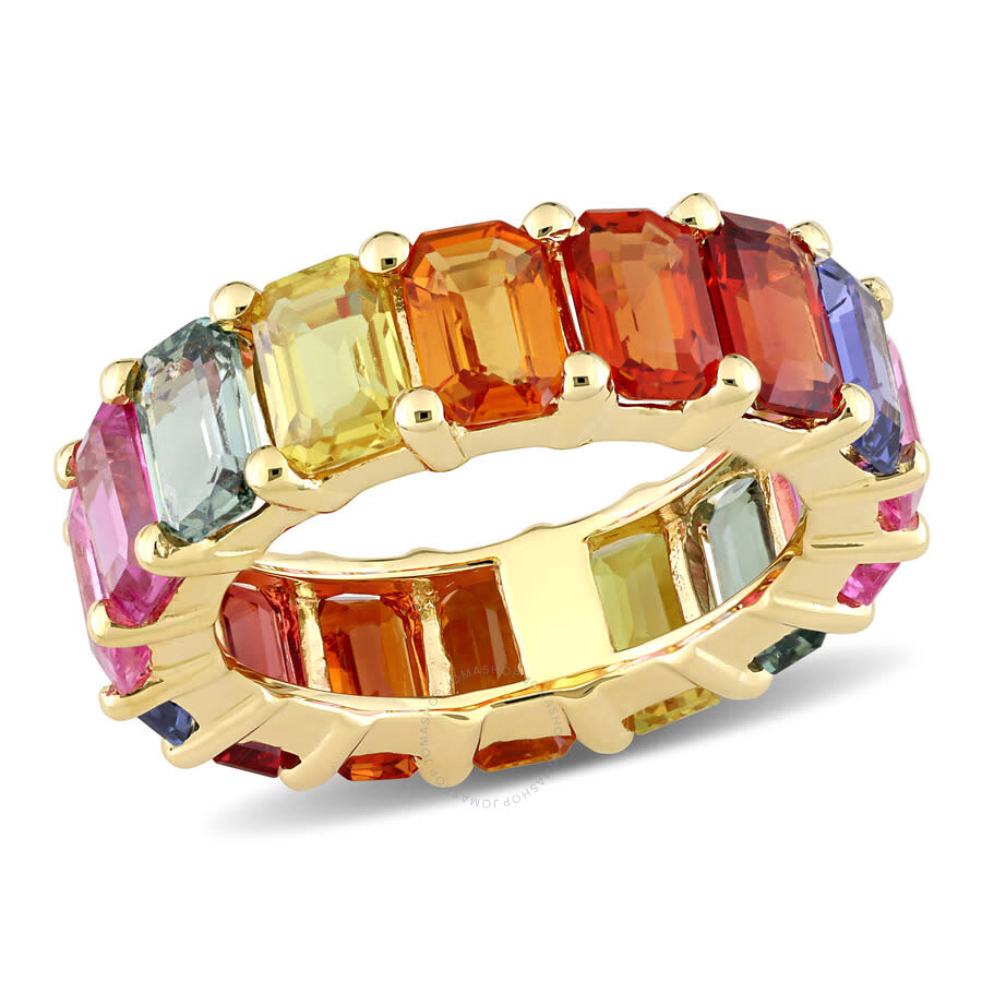 Shop Amour 11 1/5 Ct Tgw Emerald Cut Multi Color Sapphire Eternity Ring In 14k Yellow Gold