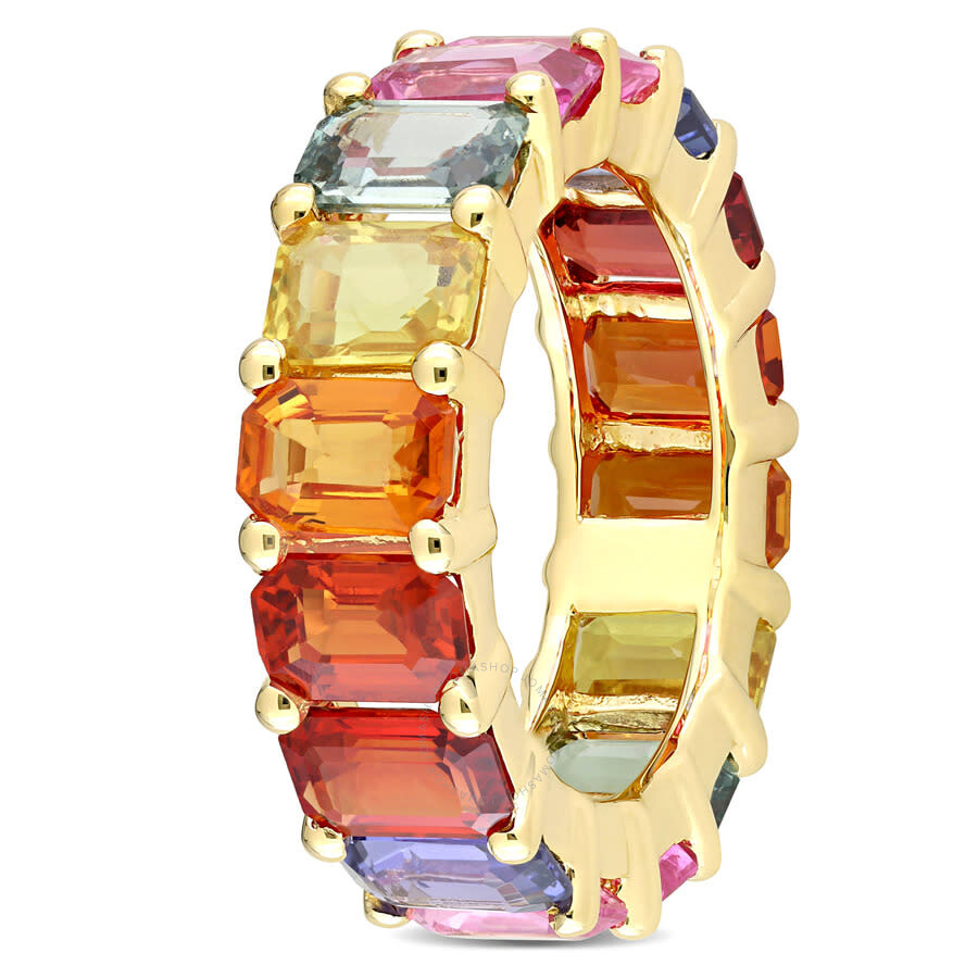 Shop Amour 11 1/5 Ct Tgw Emerald Cut Multi Color Sapphire Eternity Ring In 14k Yellow Gold