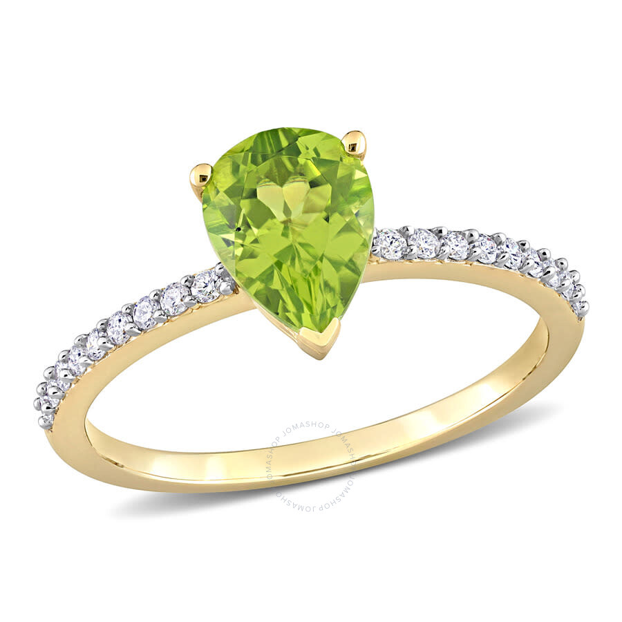 Shop Amour 1/7 Ct Tgw Pear Shape Peridot And 1/7 Ct Tdw Diamond Ring In 14k Yellow Gold