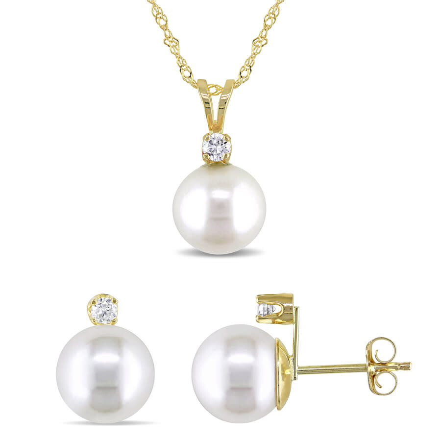 Amour 2-pc Set Of 8-9 Mm Cultured Freshwater Pearl And 1/6 Ct Tw Diamond Stud Earrings And Pendant W In Yellow