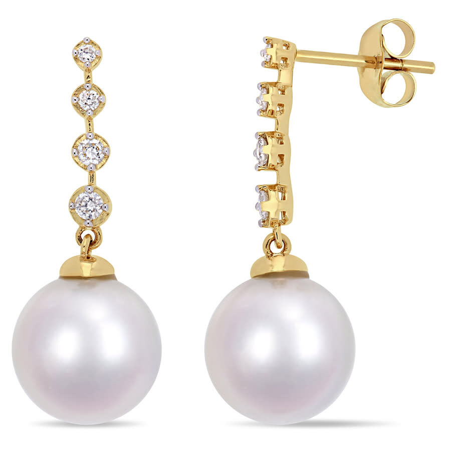 Amour 10 - 10.5 Mm South Sea Cultured Pearl And 1/6 Ct Tw Diamond Dangle Earrings In 14k Yellow Gold In Yellow