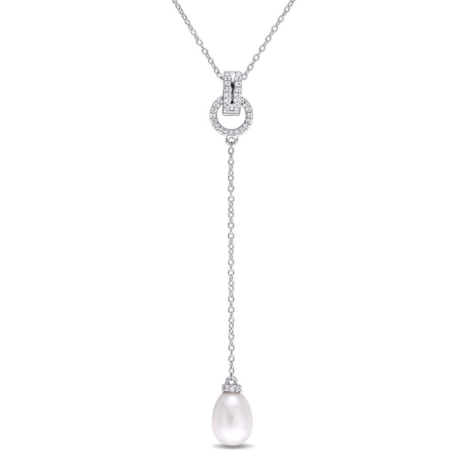 Amour 1/5 Ct Tgw White Topaz And 8 - 8.5 Mm White Cultured Freshwater Pearl Drop Pendant With Chain In White
