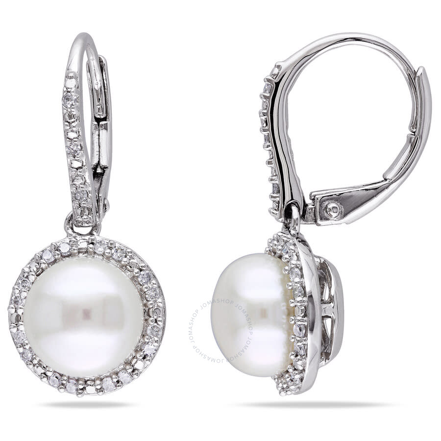 Amour 1/5 Ct Tw Diamond And 8 Mm White Cultured Freshwater Pearl Leverback Halo Earrings In Sterling In White