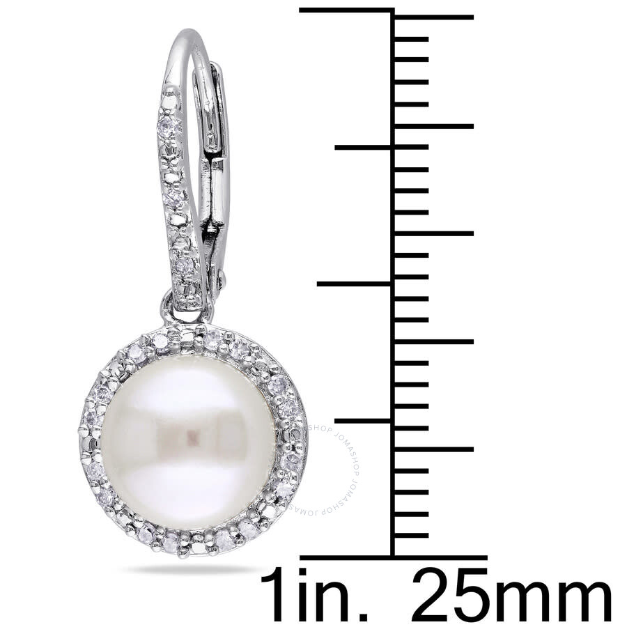 Amour 1/5 Ct Tw Diamond And 8 Mm White Cultured Freshwater Pearl Leverback Halo Earrings In Sterling In White
