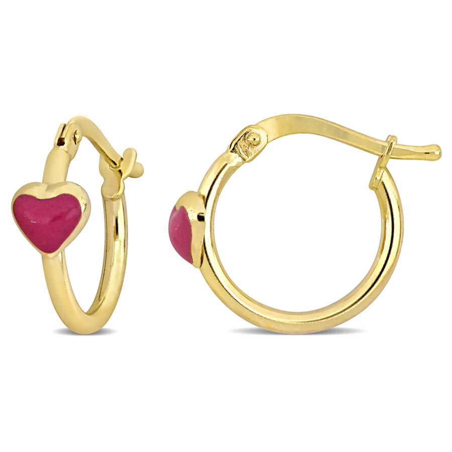 Amour 15mm Pink Enamel Heart Hoop Earrings In 14k Yellow Gold In Yellow