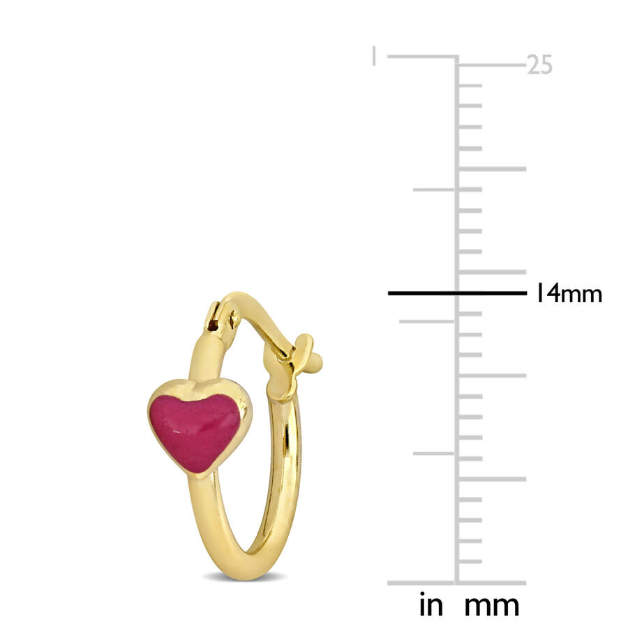 Amour 15mm Pink Enamel Heart Hoop Earrings In 14k Yellow Gold In Yellow