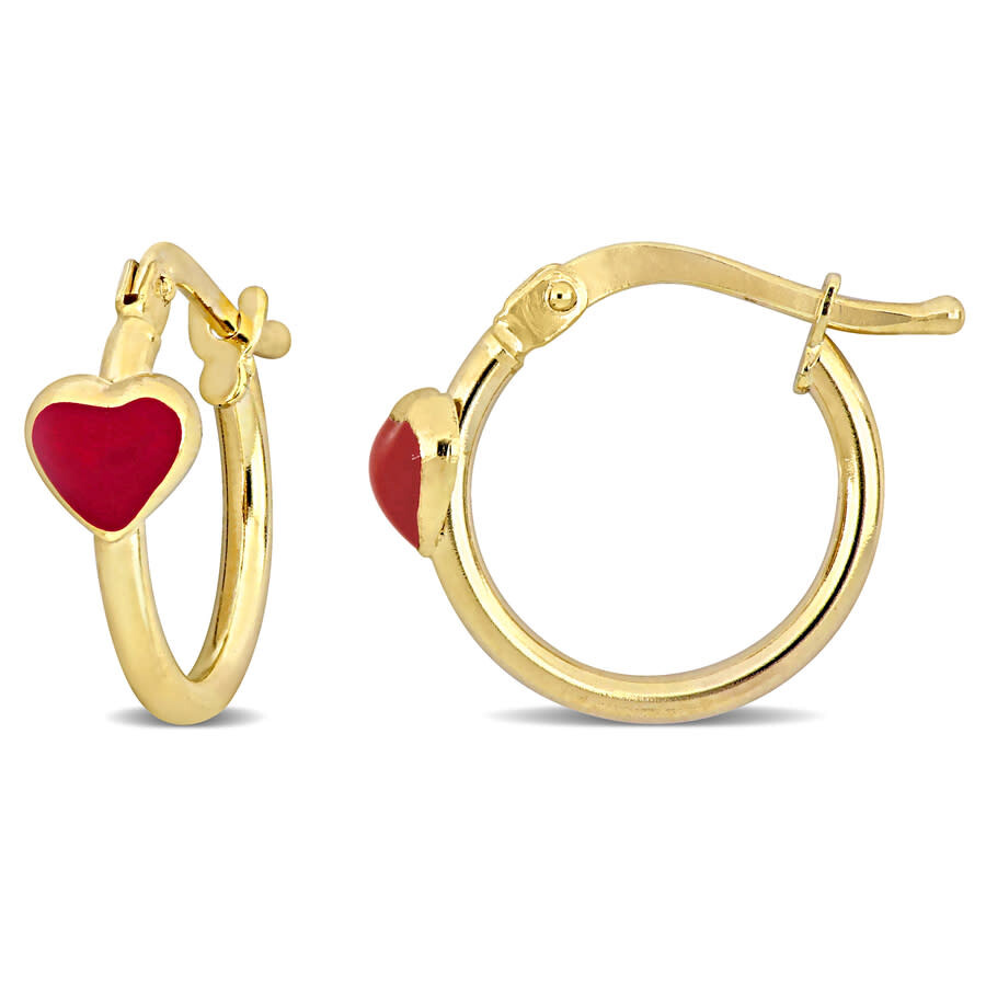 Amour 15mm Red Enamel Heart Hoop Earrings In 14k Yellow Gold In Yellow