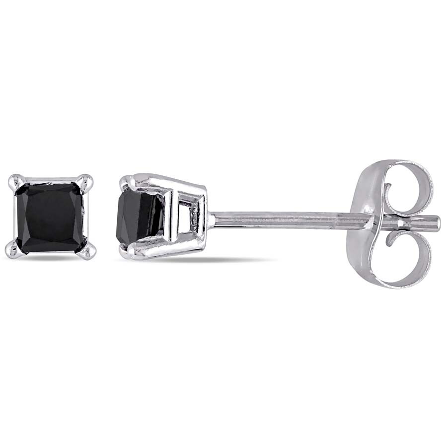 Shop Amour 1 Ct Tw Princess Cut Black Diamond Stud Earrings In 10k White Gold In Black / Gold / White