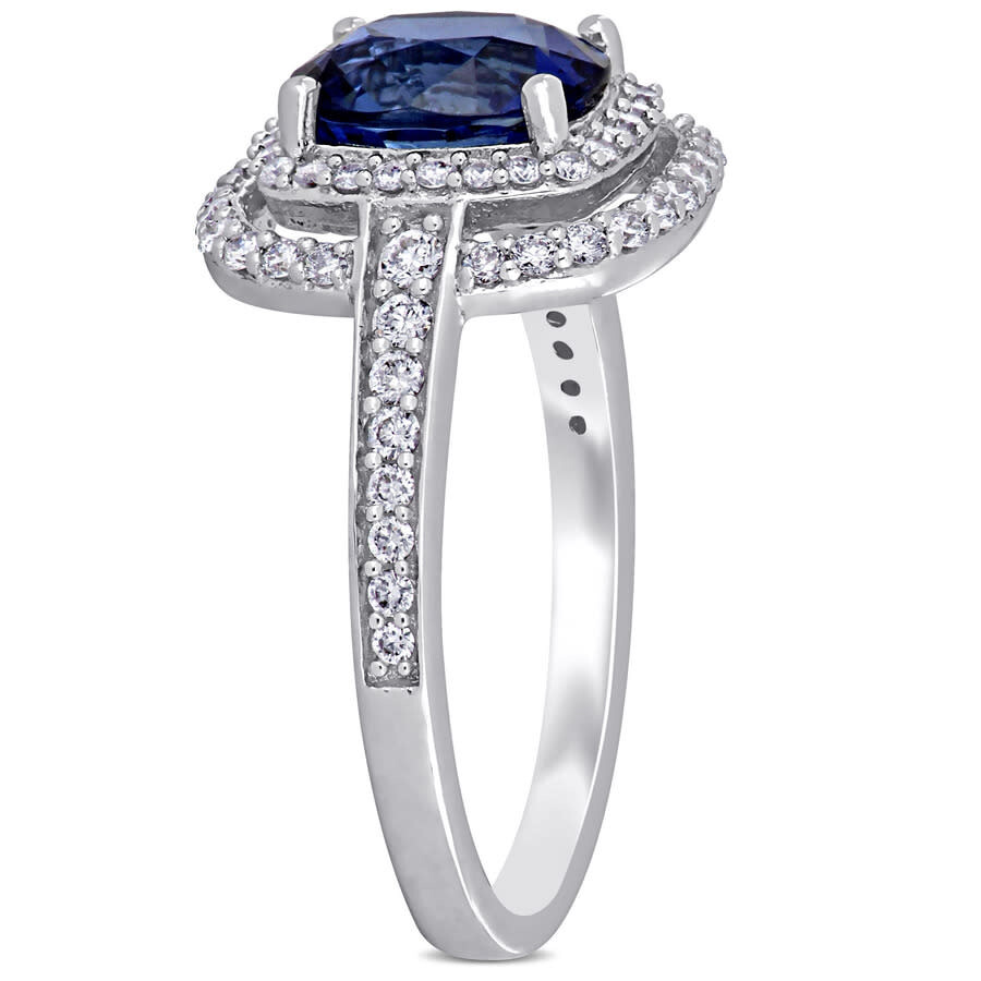 Shop Amour 2 1/2 Ct Tgw Cushion Cut Sapphire And 1/2 Ct Tw Diamond Double Halo Cocktail Ring In 14k White