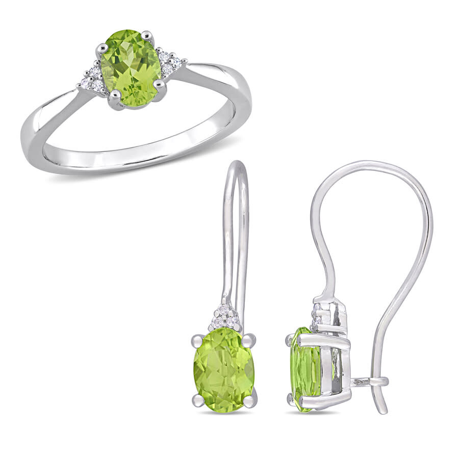 Shop Amour 2 1/2 Ct Tgw Oval Peridot And Diamond Accent Ring And Euro Back Earrings Set In Sterling Silve In White