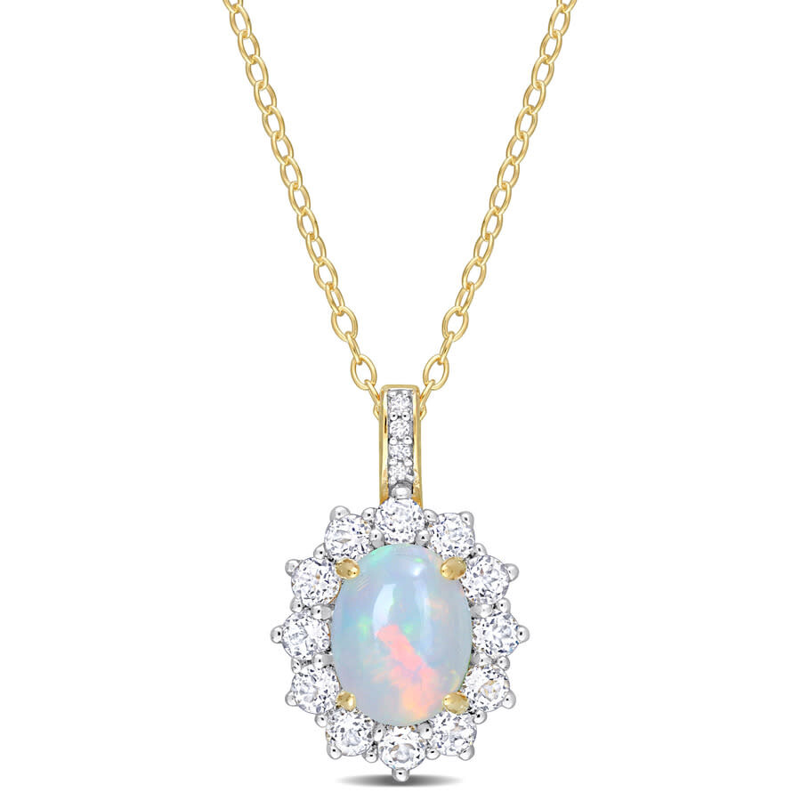 Amour 2 1/6 Ct Tgw Oval Shape Blue Ethiopian Opal And White Topaz And Diamond Accent Halo Pendant Wi In White