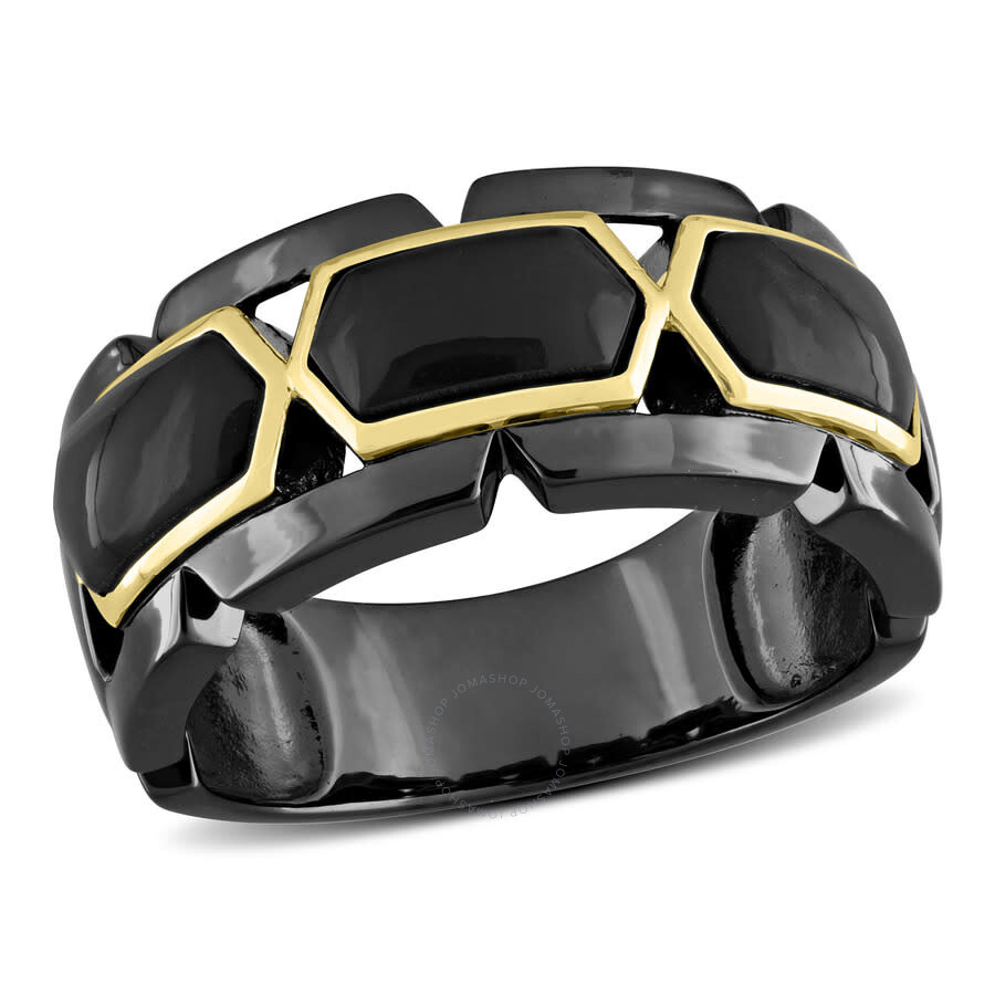 Amour 2 3/8 Ct Tw Black Onyx Station Men's Ring In 2-tone Sterling Silver With Yellow Gold Plating In Yellow