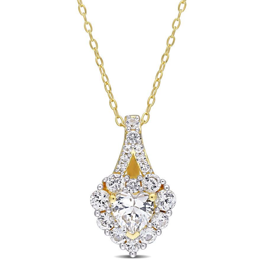 Amour 2 7/8 Ct Tgw Created White Sapphire Halo Heart Pendant With Chain In Yellow Plated Sterling Si In Yellow