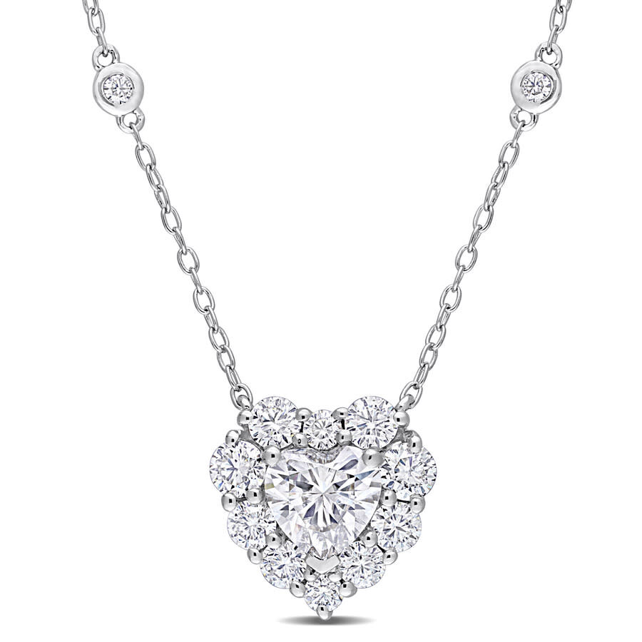 Amour 2 Ct Dew Created Moissanite Halo Heart Necklace In Sterling Silver In White