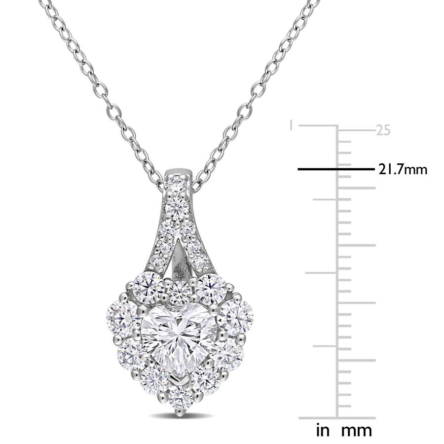 Amour 2 Ct Dew Created Moissanite Halo Heart Pendant With Chain In Sterling Silver In White