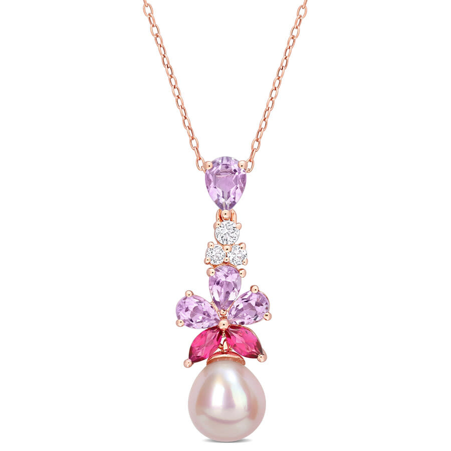 Amour 9.5-10mm Pink Freshwater Cultured Pearl 2 3/8 Ct Tgw Rose De France And White And Pink Topaz F In Pink