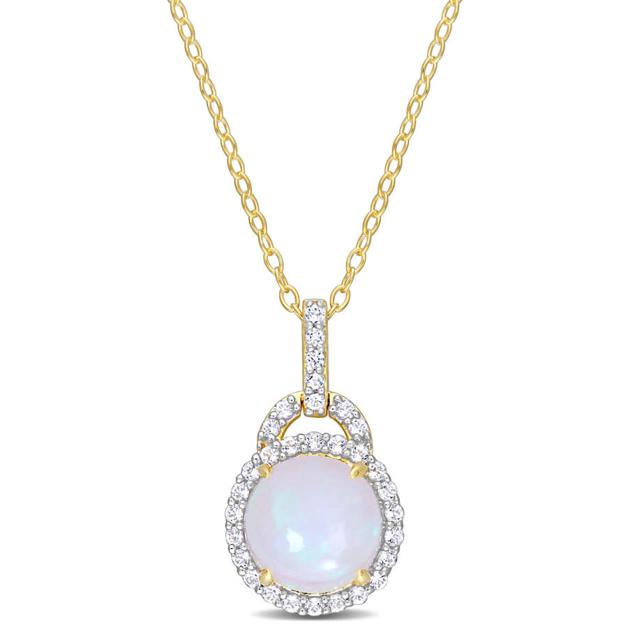 Amour 3 1/4 Ct Tgw Blue Ethiopian Opal And White Topaz Halo Pendant With Chain In Yellow Plated Ster In Yellow