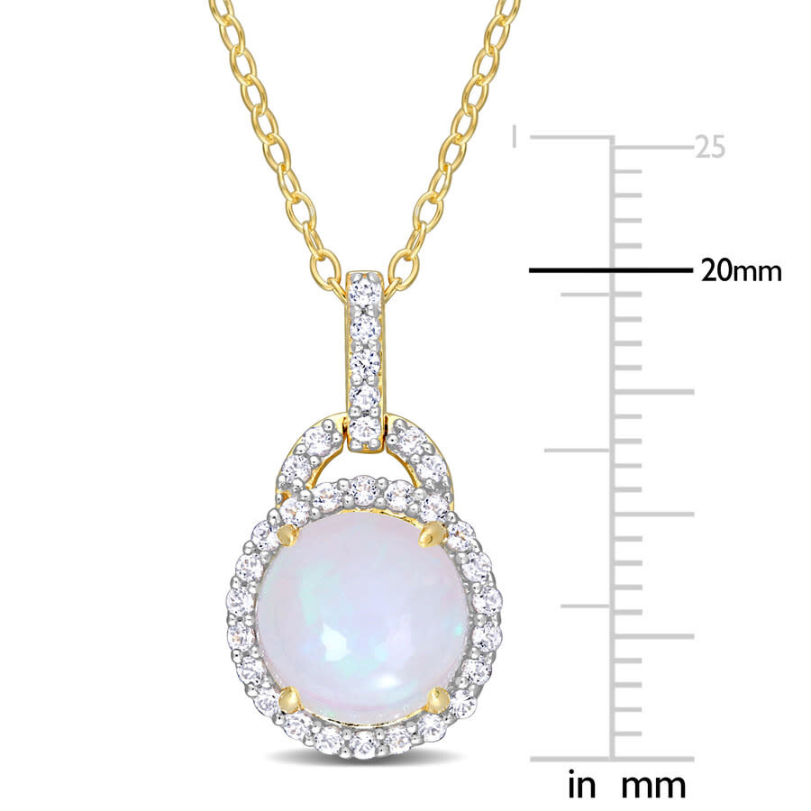 Amour 3 1/4 Ct Tgw Blue Ethiopian Opal And White Topaz Halo Pendant With Chain In Yellow Plated Ster In Yellow
