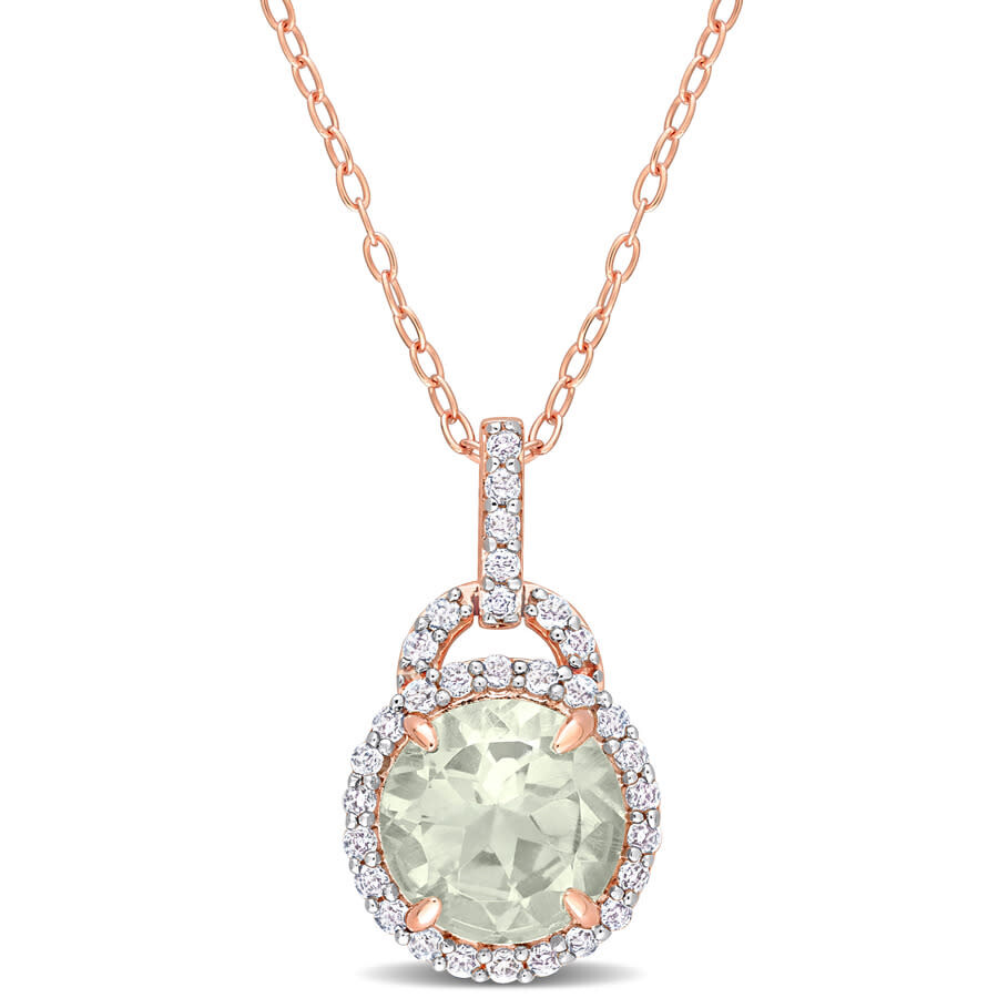 Amour 3 1/4ct Tgw Green Quartz And White Topaz Halo Pendant With Chain In Rose Plated Sterling Silve In Pink