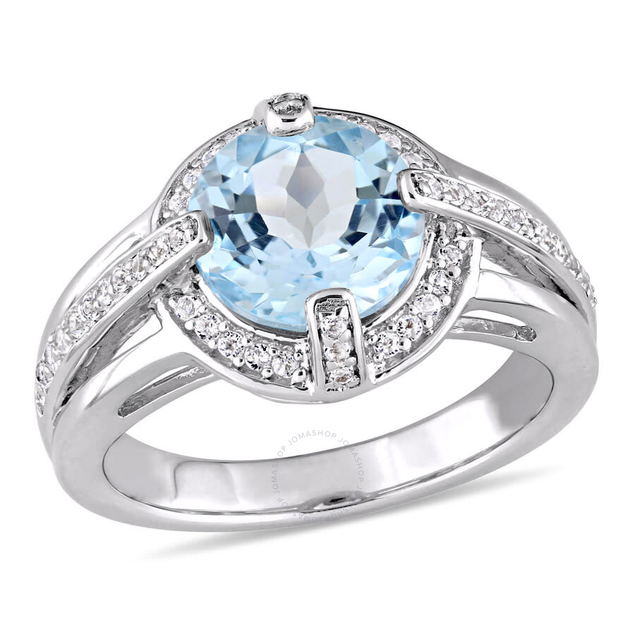 Amour 3 3/4 Ct Tgw Blue And White Topaz Halo Split Shank Ring In Sterling Silver In White