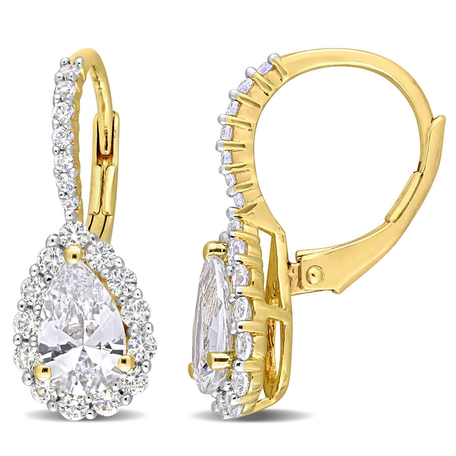 Shop Amour 3 5/8 Ct Tgw Created White Sapphire Teardrop Leverback Earrings In Yellow Plated Sterling Silv