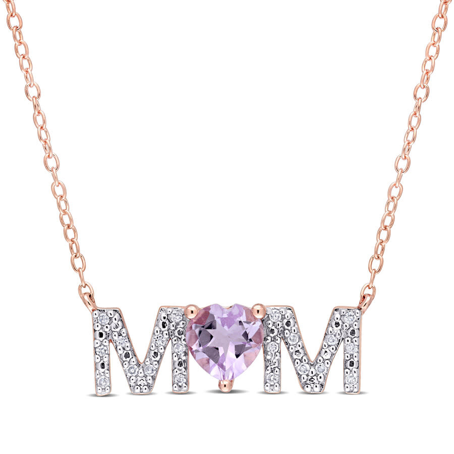 Amour 3/5 Ct Tgw Heart Rose De France And 1/10 Ct Tdw Diamond "mom In Pendant With Chain In Rose Pla In Pink