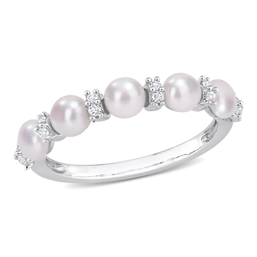Amour 3.5-4mm Cultured Freshwater Pearl And 1/8 Ct Tgw White Topaz Semi Eternity Ring In Sterling Si In White