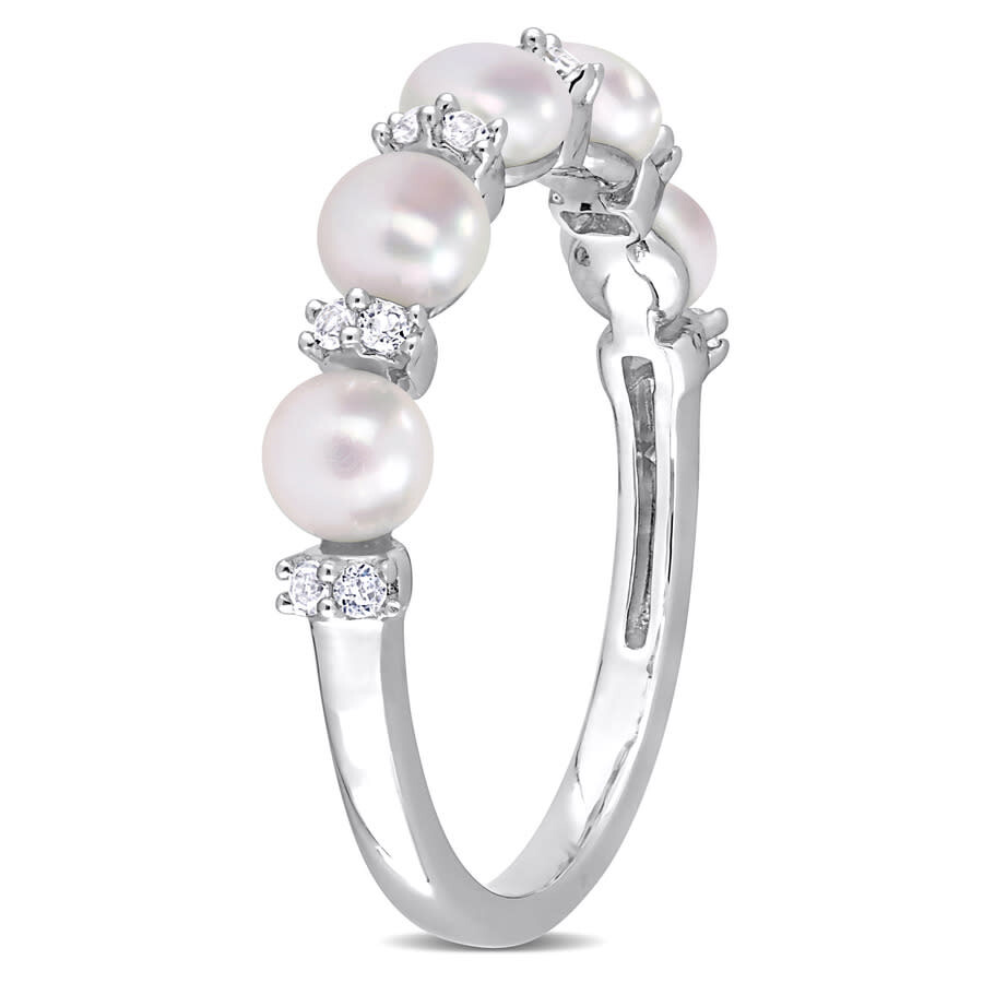 Amour 3.5-4mm Cultured Freshwater Pearl And 1/8 Ct Tgw White Topaz Semi Eternity Ring In Sterling Si In White