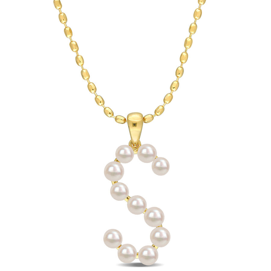 Amour 3.5-4mm Freshwater Cultured Pearl Initial Pendant With Chain In Yellow Plated Sterling Silver In Yellow