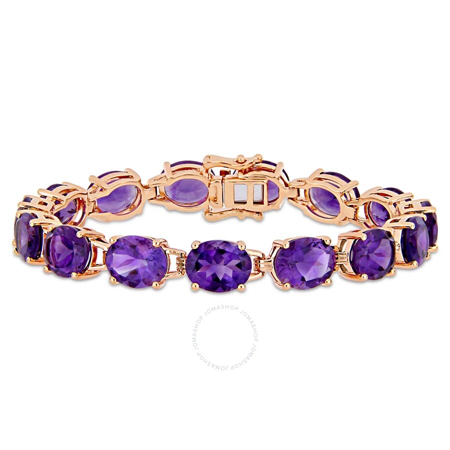 Shop Amour 36 Ct Tgw Oval-cut Africa-amethyst Tennis Bracelet In Rose Gold Plated Sterling Silver In Amethyst / Gold / Ink / Pink / Rose / Rose Gold / Silver