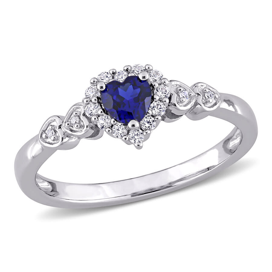 Amour 3/8 Ct Tgw Created Blue Sapphire White Sapphire And Diamond Accent Halo Heart Ring In Sterling In White