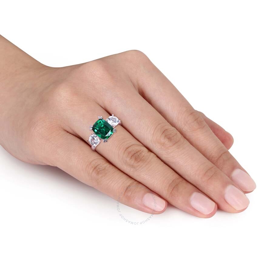 Amour 4 Ct Tgw Cushion-cut Created Emerald And Created White Sapphire Three-stone Ring In 10k White  In Two Tone  / Emerald / Gold / Gold Tone / White