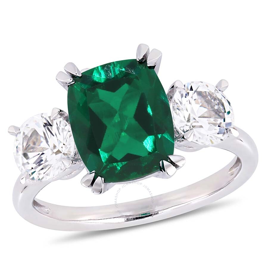 Shop Amour 4 Ct Tgw Cushion-cut Created Emerald And Created White Sapphire Three-stone Ring In 10k White  In Two Tone  / Emerald / Gold / Gold Tone / White